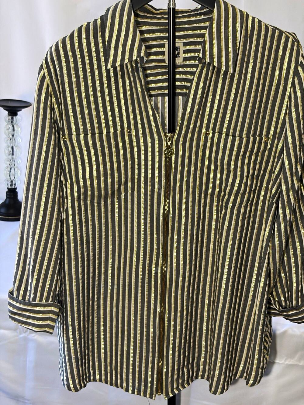 Anne Klein Women’s XL Black/Gold Striped Zip-Front Collared Woven Blouse